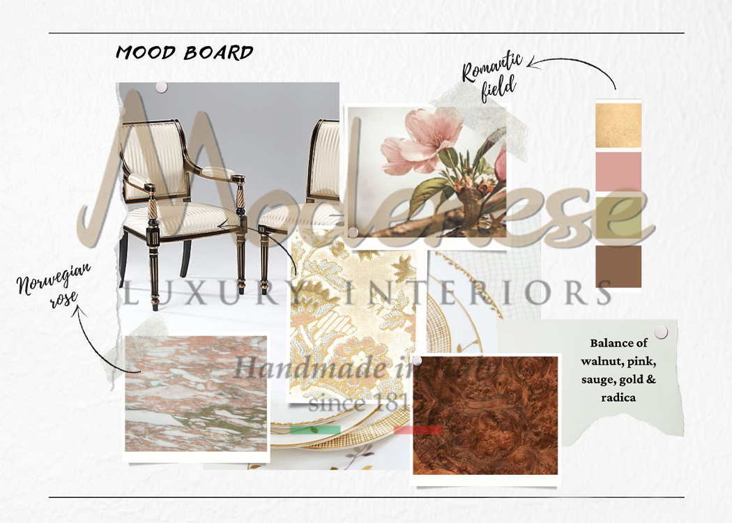 Modenese Interiors moodboard with color combinations for interior design projects