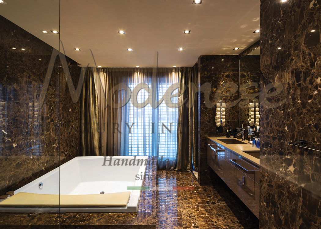 Contemporary Modenese bathroom design with Emperador Dark marble