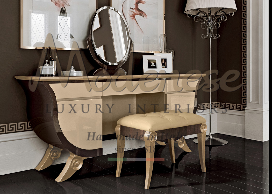 Contemporary brown and cream vanity with matching leather pouf by Modenese Interiors