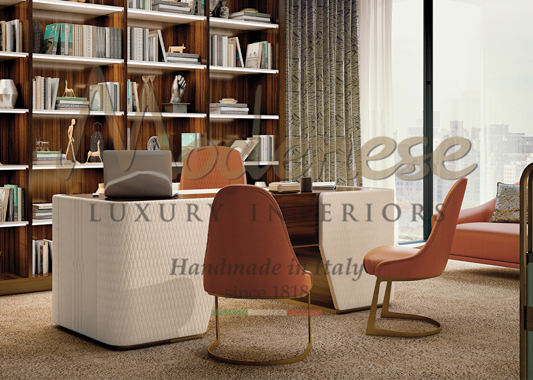 Contemporary Modenese project for home office with white leather desk and orange leather chairs