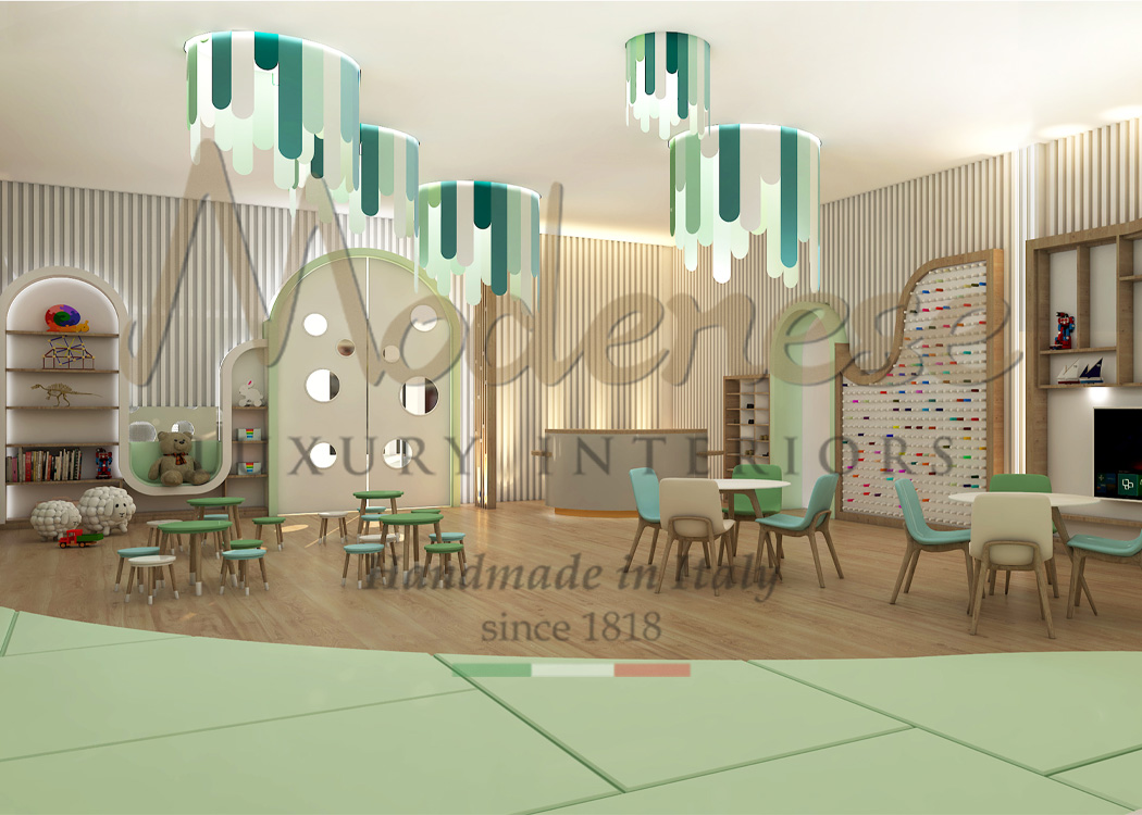 Turquoise and blue playroom Modenese interior design project with tables chairs and stools for kids