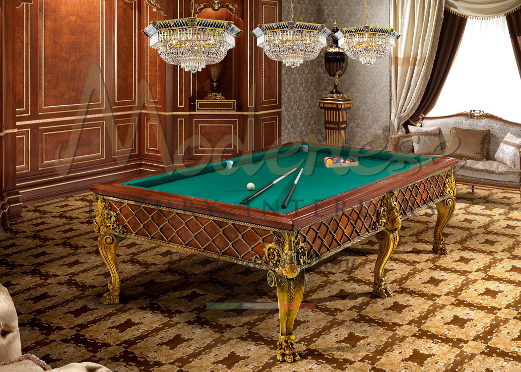 Classic walnut billiard with luxury gold leaf details and decorations by Modenese Interiors