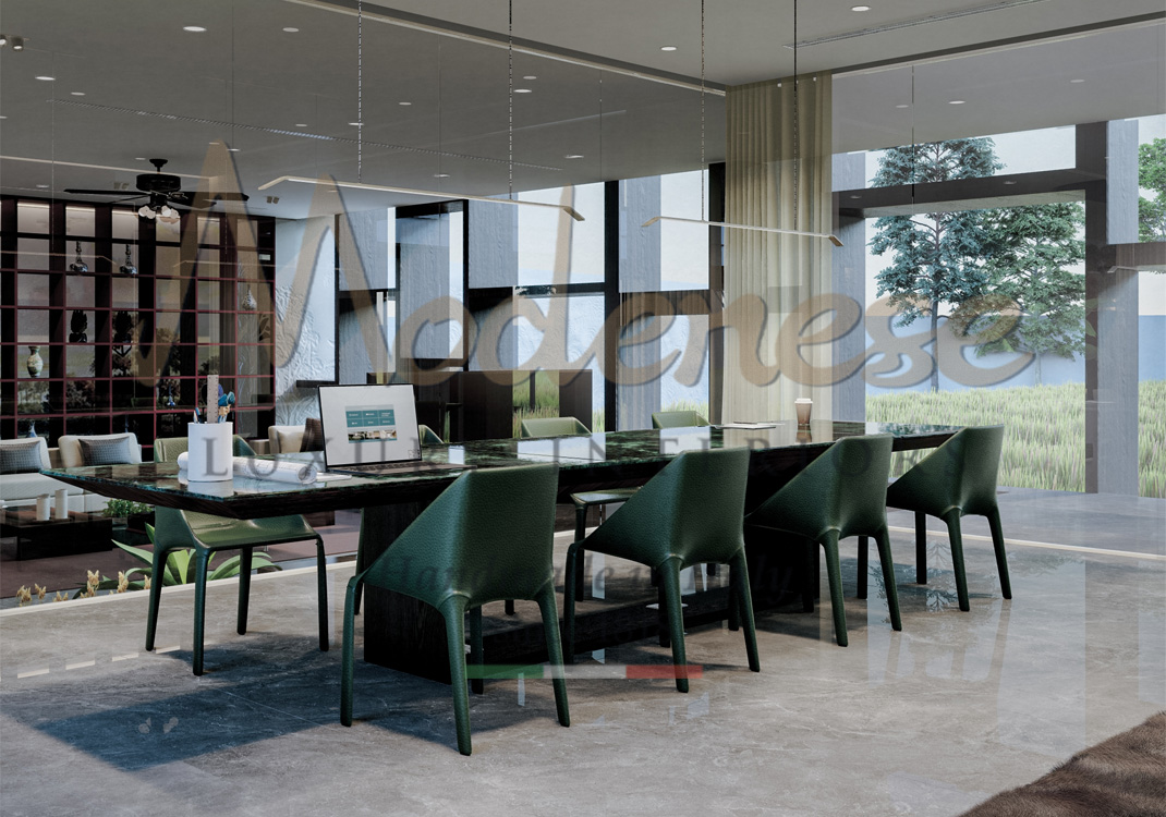 8 deep green chairs and rectangular table for Modenese interior design of a contemporary corporate office