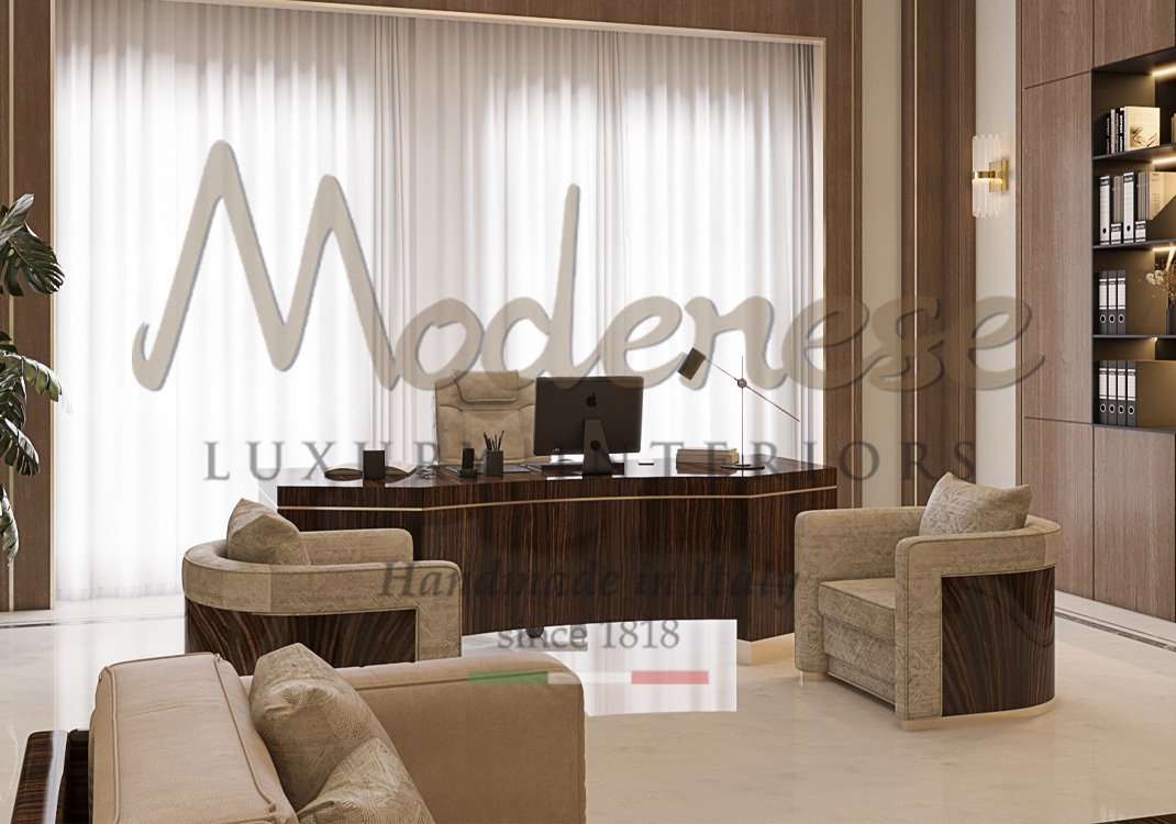 Ebony Makassar contemporary desk and armchair with beige fabrics Modenese head office interior design project