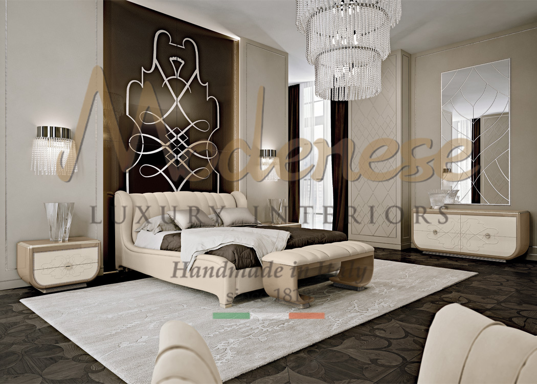 Contemporary Modenese cream colored bedroom with leather details and brown accents