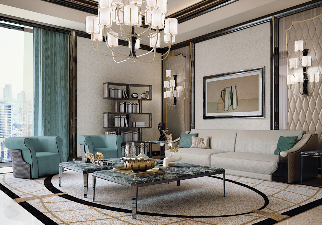 Contemporary living room with turquoise fabric armchair and light blue marble by Modenese Luxury Interiors