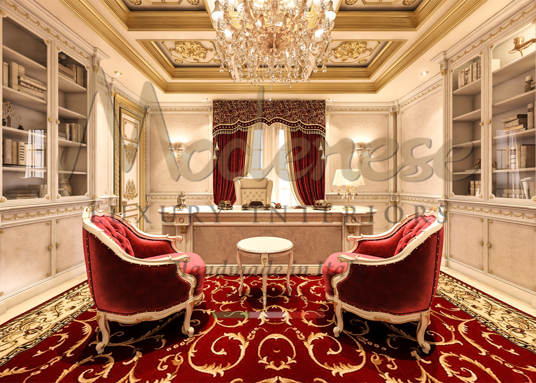 Red fabric armchairs and carpet in a white luxury royal office interior design by Modenese