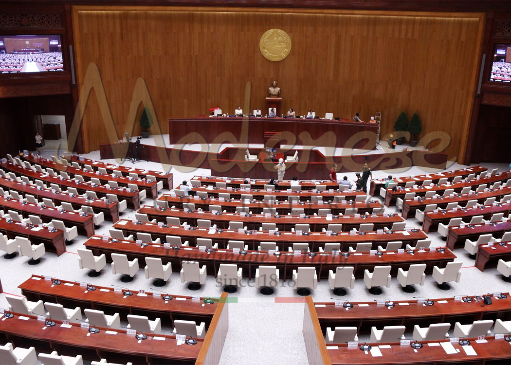 Contemporary Modenese leather armchairs and walnut desks for national assembly interior design project