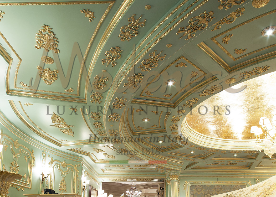 Modenese turquoise ceiling decoration with gold leaf details for interior design projects