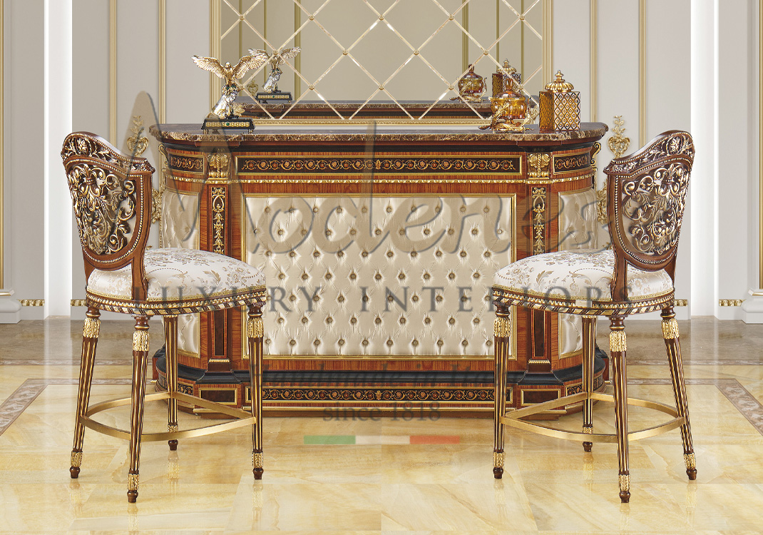 Classic style walnut and ivory fabric bar with gold leaf details and handmade carvings by Modenese Luxury Interiors