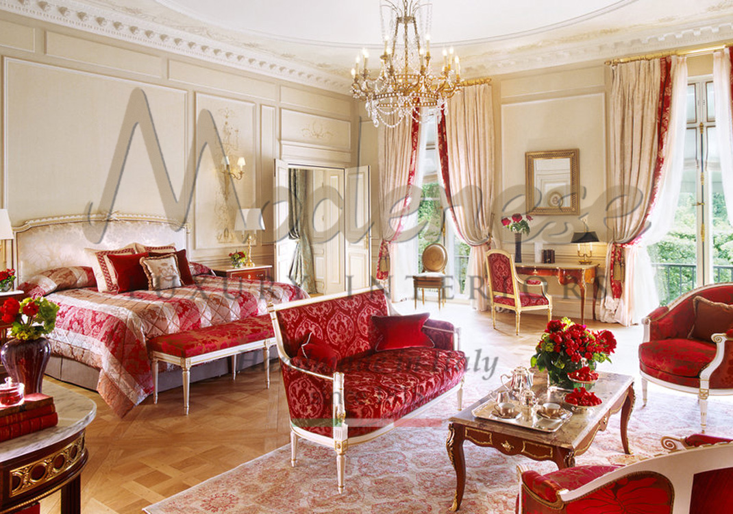 Red fabric classic style Modenese luxury design for suites and presidential hotel rooms