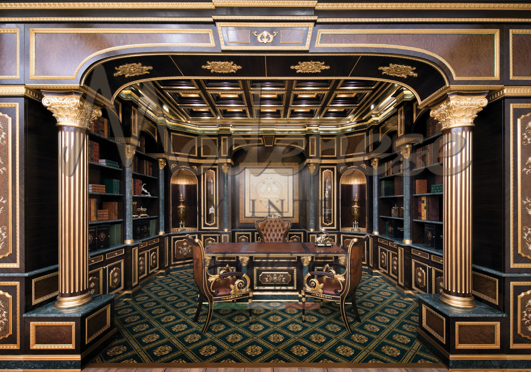 Dark walnut and marbles private office furniture with gold leaf details on the walls, desks and leather chairs by Modenese Interiors