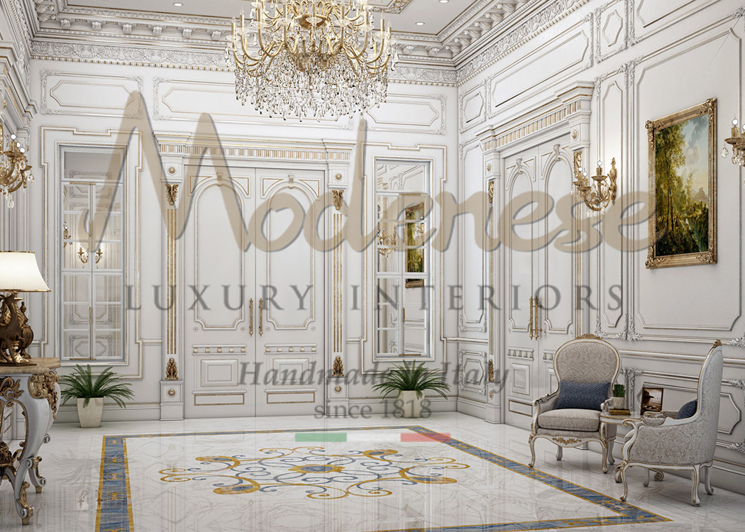 Luxury Modenese white wall panels with gold leaf decorations and inlaid marble floors for an elegant entrance room