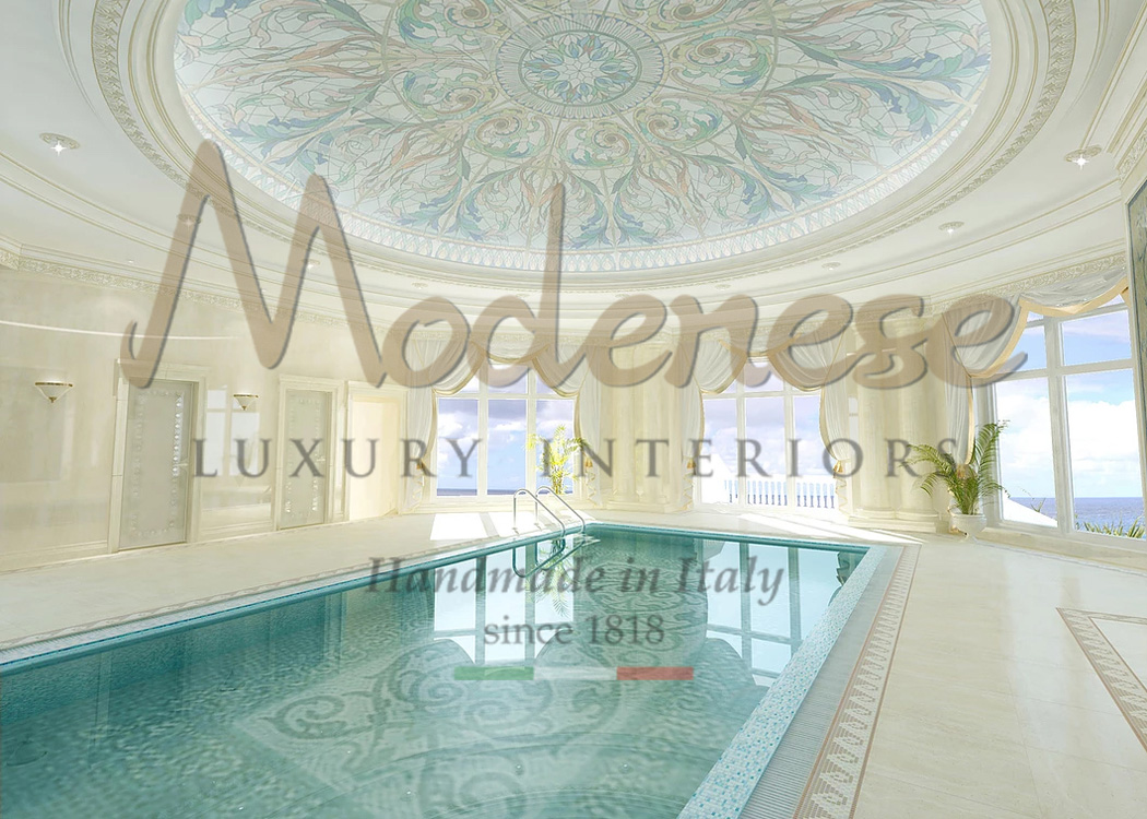 Modenese indoor swimming pool interior design with ceiling decoration