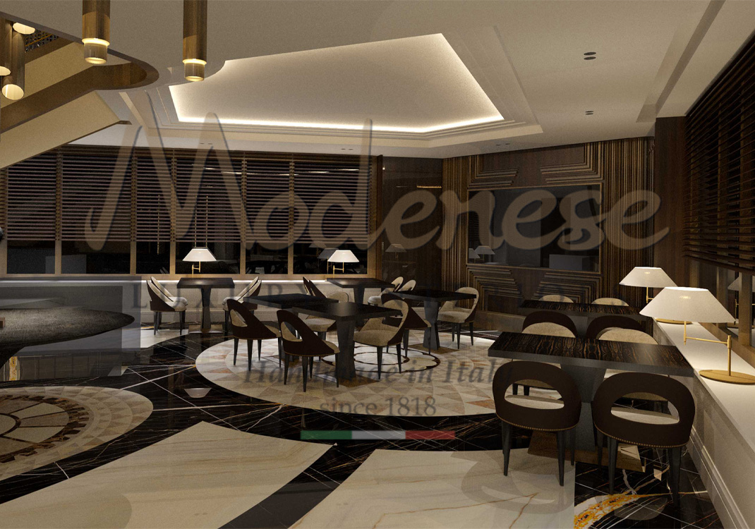 Dark brown contemporary hotel restaurant interior design with ebony makassar tables and 4 chairs each by Modenese Luxury Interiors