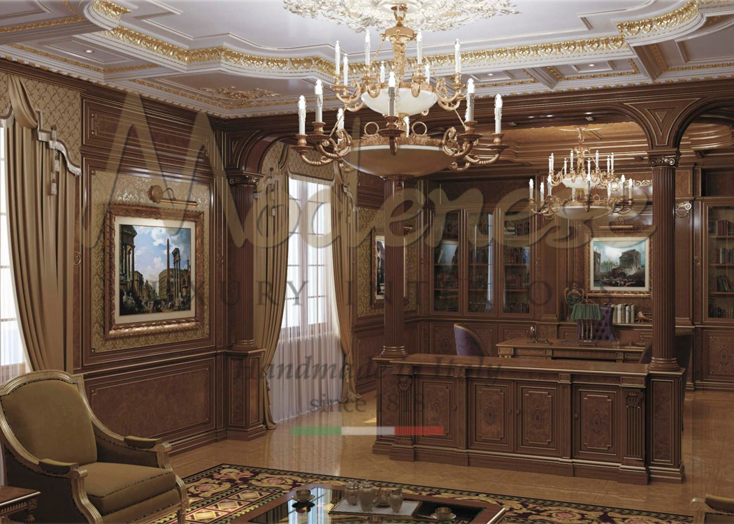 Walnut desks and wall panels with classic paintings in this Iuxury presidential office interior design project by Modenese