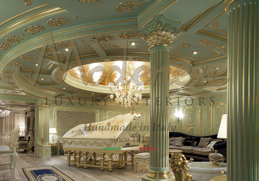 Classic style white piano room with turquoise columns and ceiling and gold leaf details by Modenese