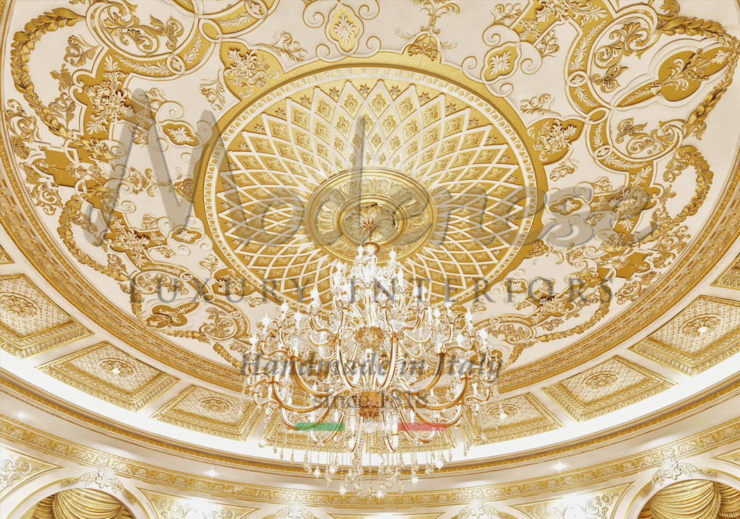 Gold leaf classic style ceiling decoration round central medallion with chandelier by Modenese