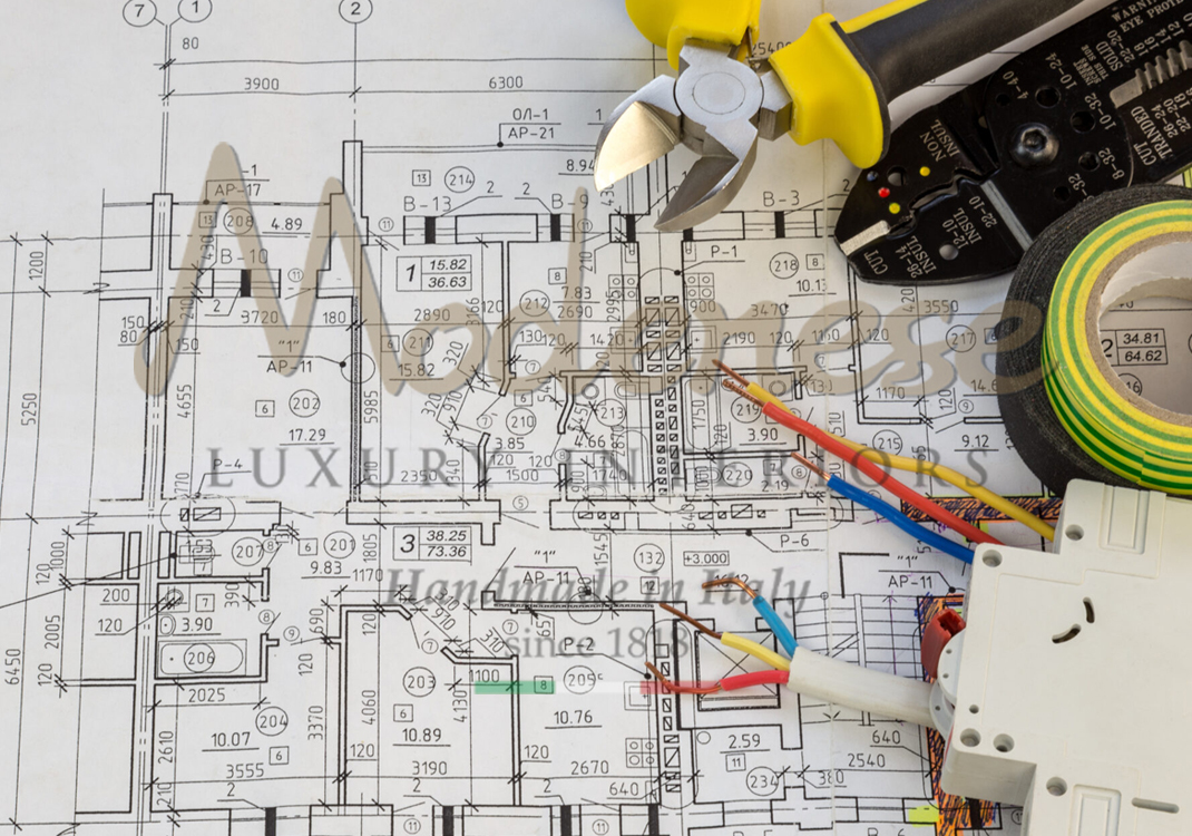 Layout of a project with wires and electrical tools Modenese