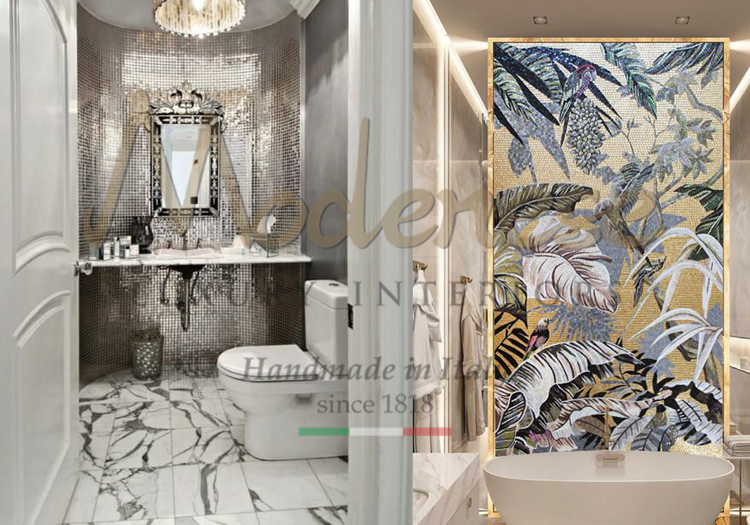 Bathroom silver and gold mosaic artistic decoration on walls leaves and birds Modenese interior design