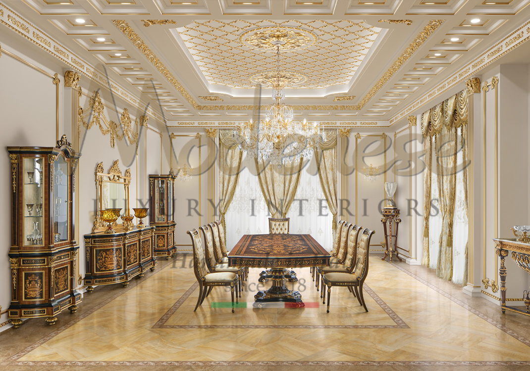 Classic style dining room with Modenese Interiors inlaid table and upholstered chairs gold leaf and inlaid cabinets and sideboard chandelier and gold leaf mirror