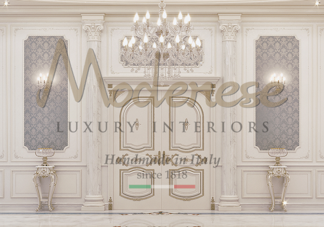 White and silver leaf Modenese classic style doors and vase stands marble columns and light blue wallpaper Modenese