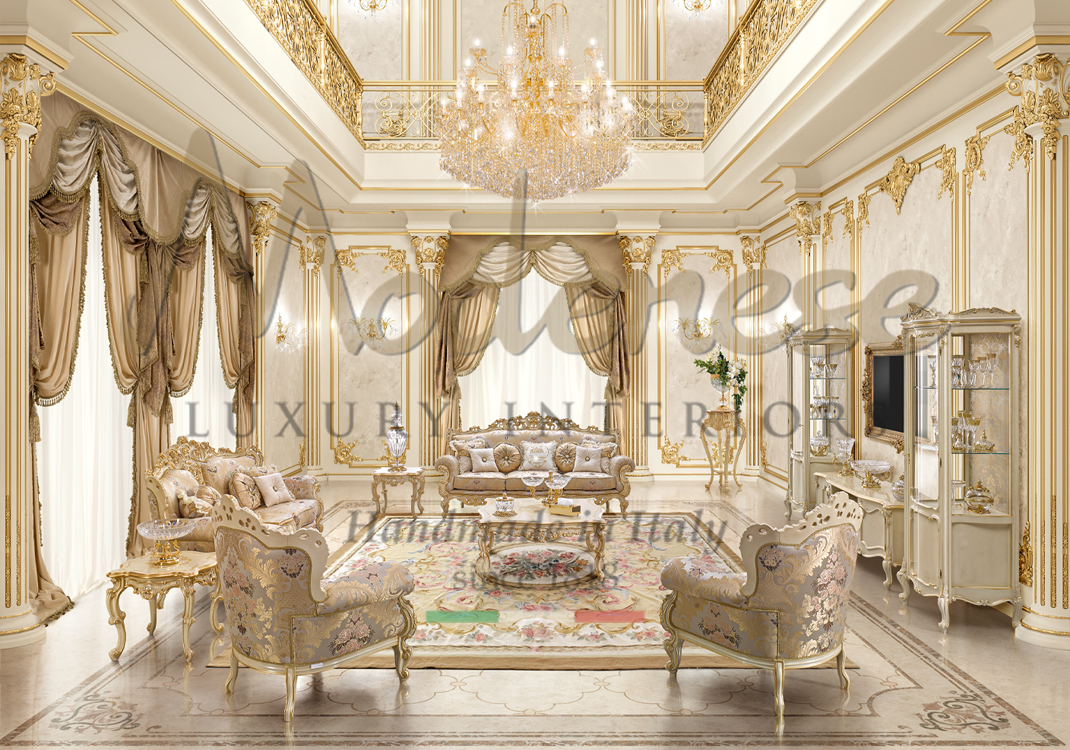 Modenese ivory and gold leaf armchairs and sofas with pattern fabric cream curtains sideboard tables chandelier and floral carpet