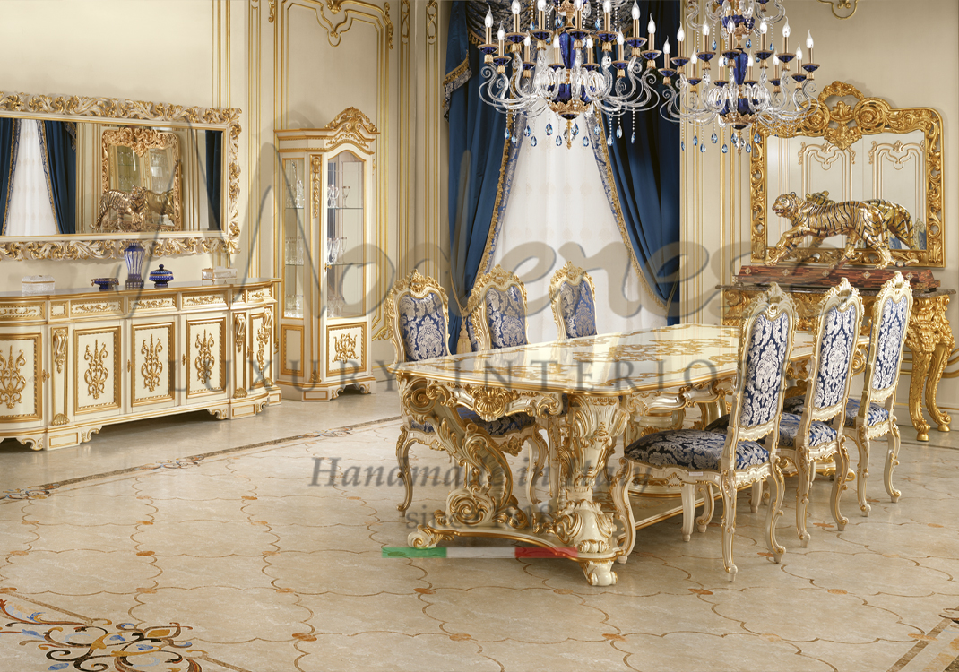 Modenese classic hand carved ivory gold leaf table and 6 blue fabric upholstered chairs blue curtains ivory sideboard cabinet and mirrors tiger accessory