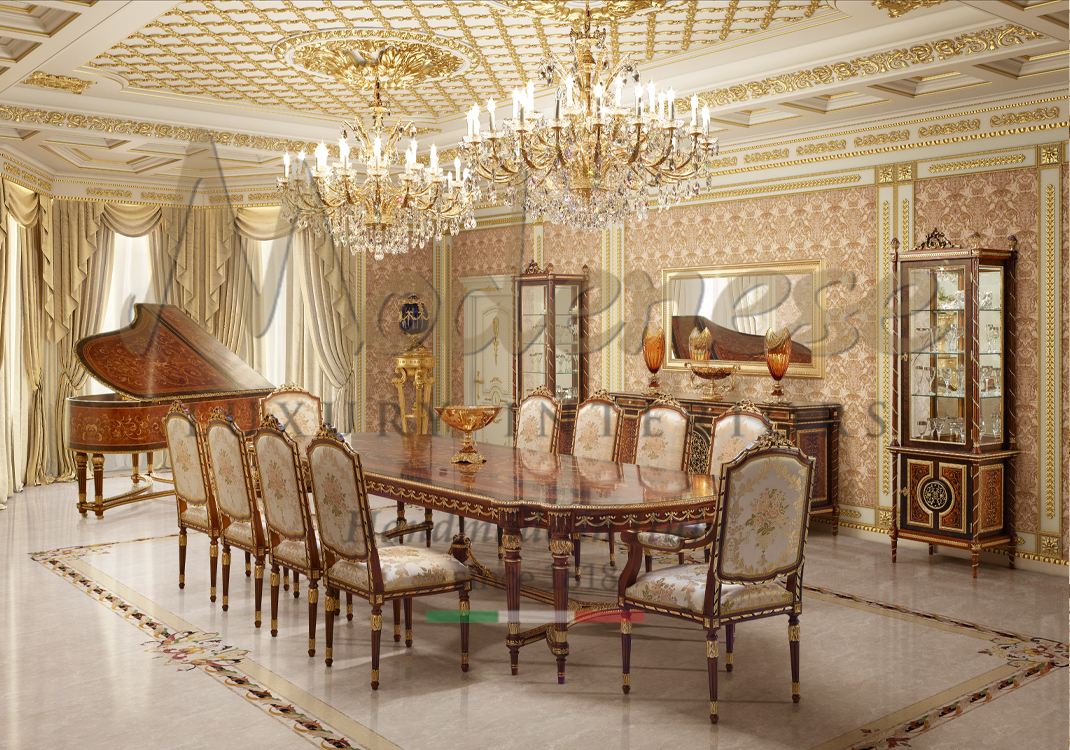 Modenese classic style walnut inlaid dining table with 10 walnut chairs with gold leaf details 2 chandeliers and an inlaid wooden piano