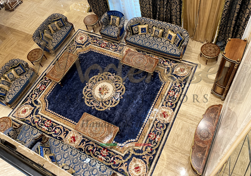 Blue and gold carpet custom made design in blue living room with sofas and inlaid walnut tables Modenese