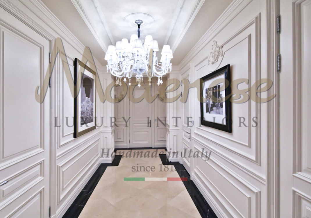 White corridor gypsum wall decoration paintings chandelier and black and white marble floor Modenese