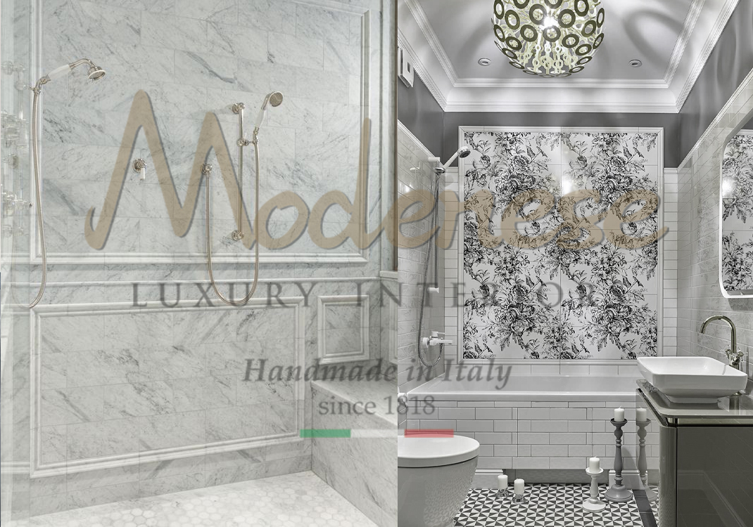 Grey marble tiles for contemporary bathroom interior design Modenese with floral decoration on accent wall