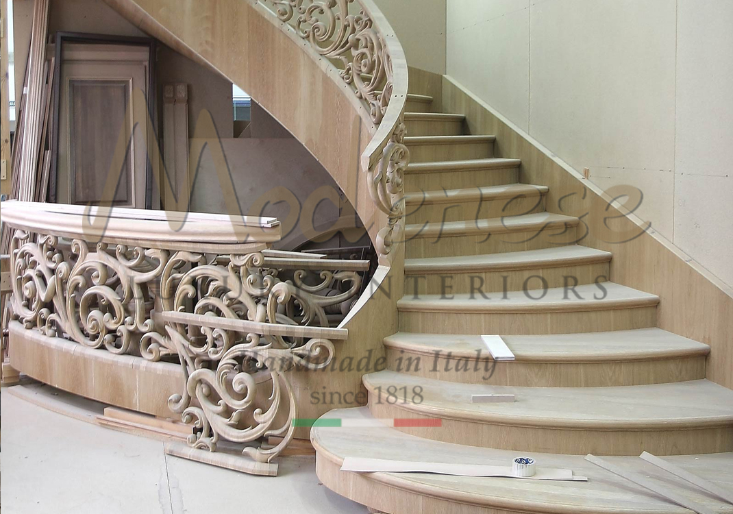 Hand carved Modenese wood details for stair handrail interior design project