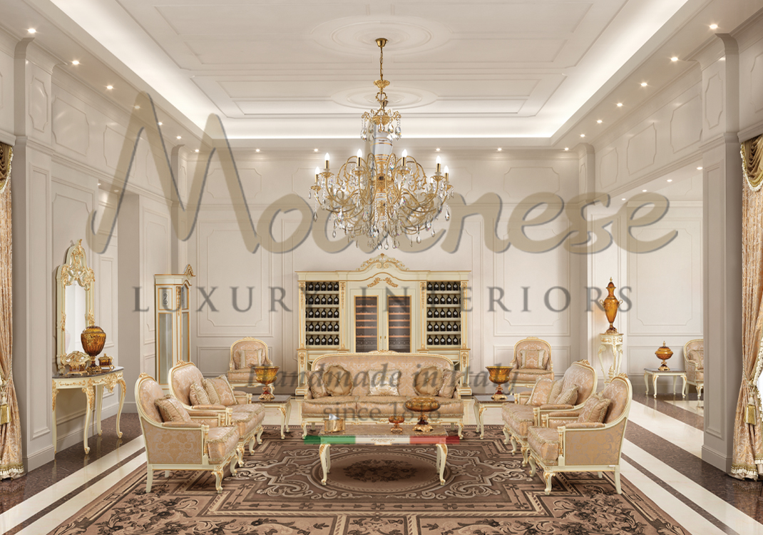 Ivory classic style Modenese living room with armchairs and sofa wine cellar chandelier and brown carpet