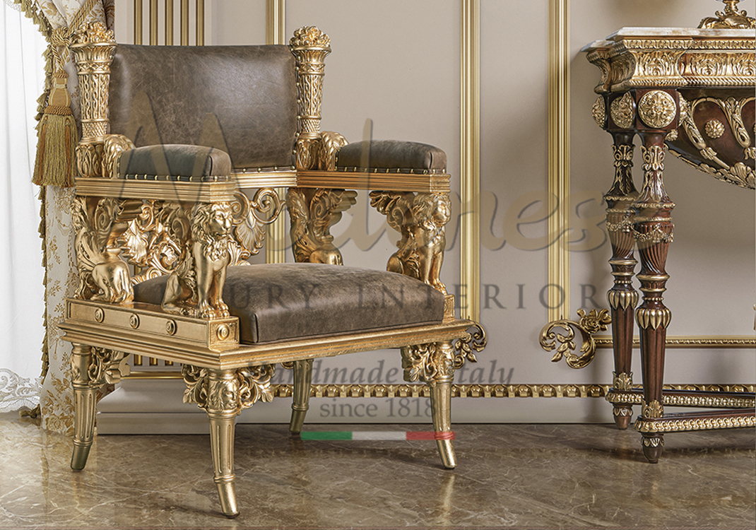 Modenese gold leaf hand carved throne with brown leather and walnut console with gold leaf details