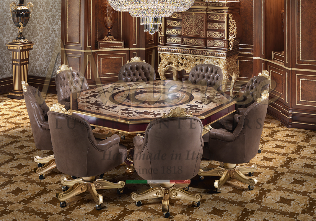 Octagonal inlaid wooden table with 8 swivel armchairs brown capitonné leather Modenese classic style