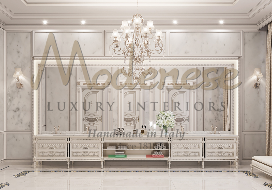 Classic style white bathroom furniture with leaf details chandelier and big mirror Modenese