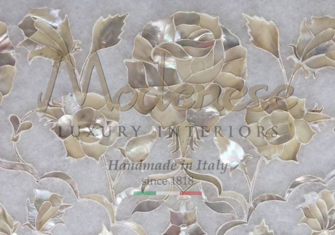 Mosaic floral design decoration with mother of pearl details Modenese interiors