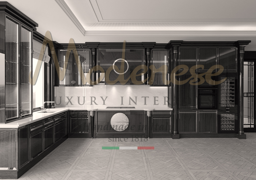 Black bespoke kitchen with silver details and wine cellar grey floor Modenese