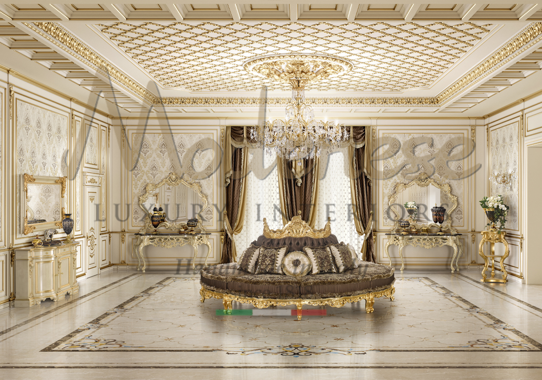 Modenese gold leaf brown upholstered circular sofa brown curtain ivory hand carved consoles sideboard and mirror