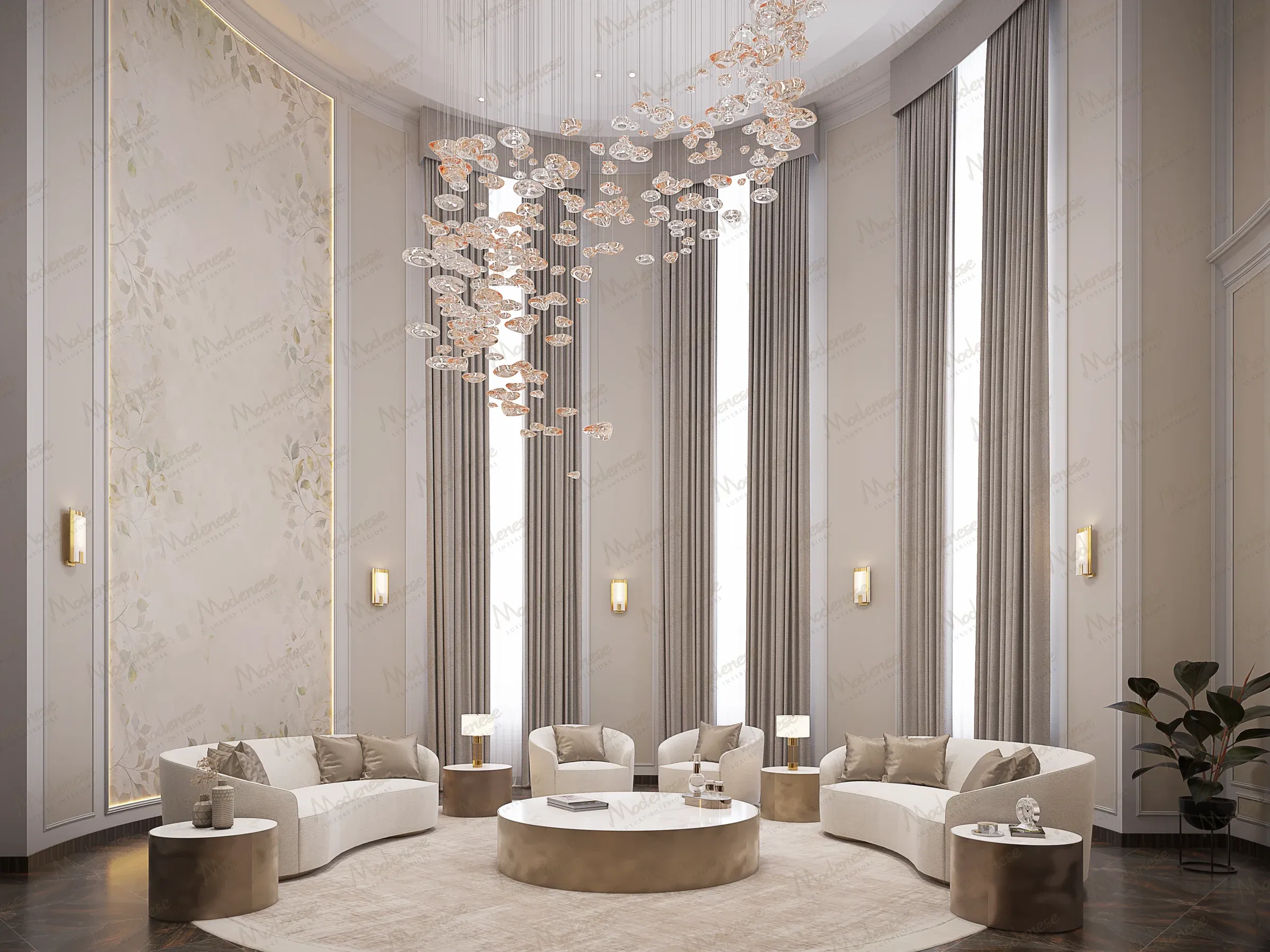 位于弗吉尼亚州的一座宏伟的新古典主义宴会厅，拥有穹顶式盒格天花板、巨大的金色吊灯、华丽的白色柱子和经典软垫餐椅