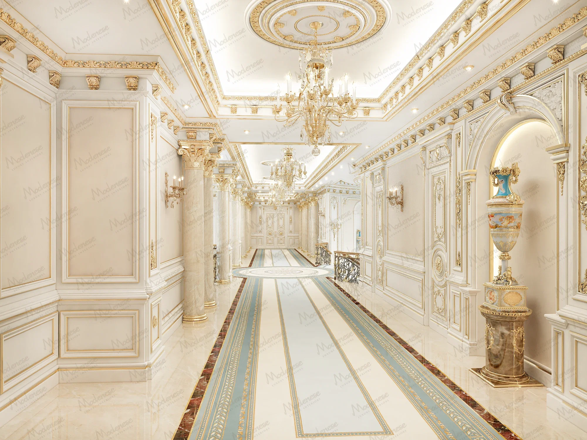 Classic interior design. Luxury entrance hall with hand-decorated wall panels, marble flooring and crystal chandelier in a private villa