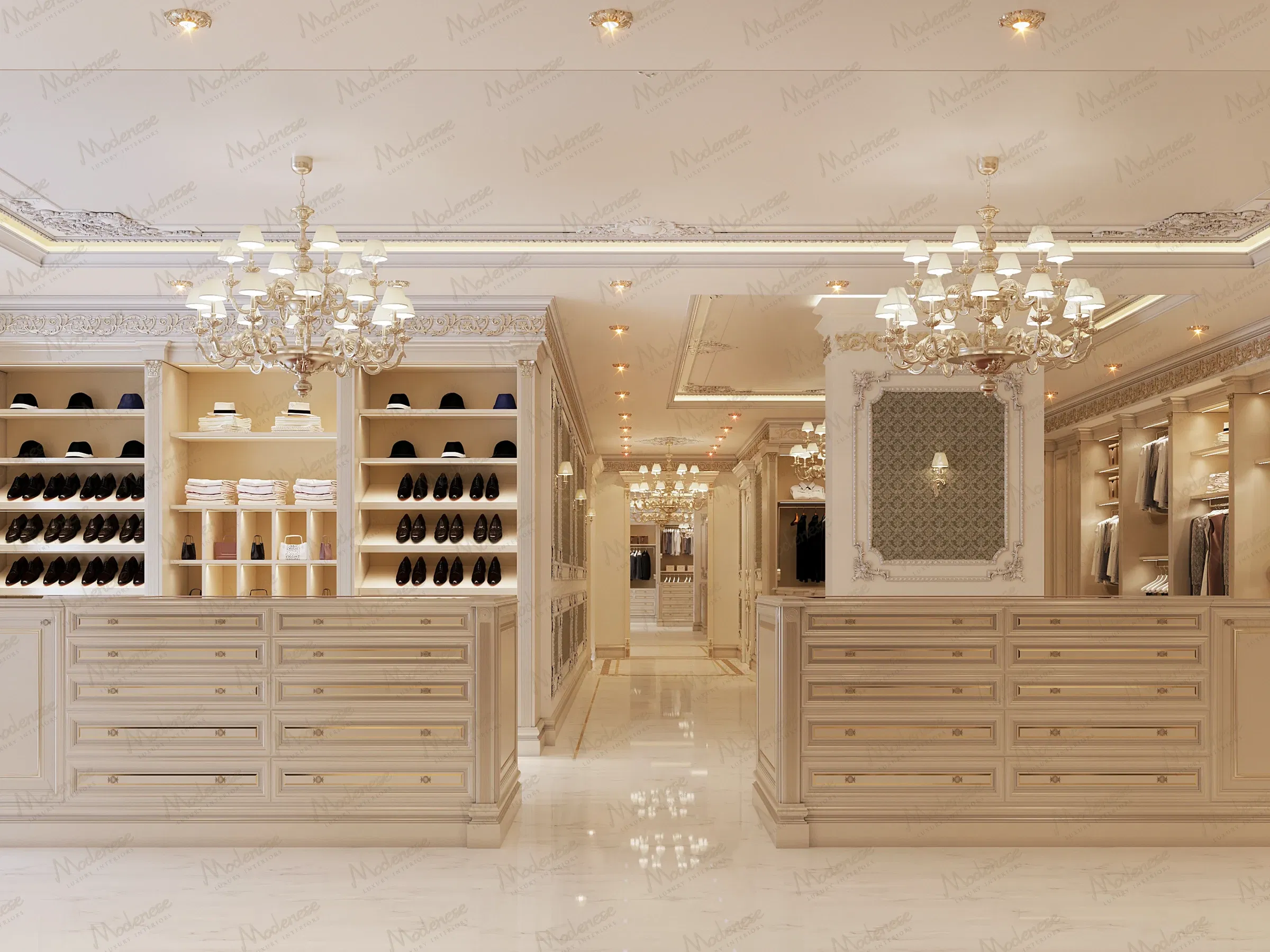 纽约对称搁板、内置抽屉、吊灯和中性色调突出正式鞋类和叠放服装的优雅步入式衣帽间