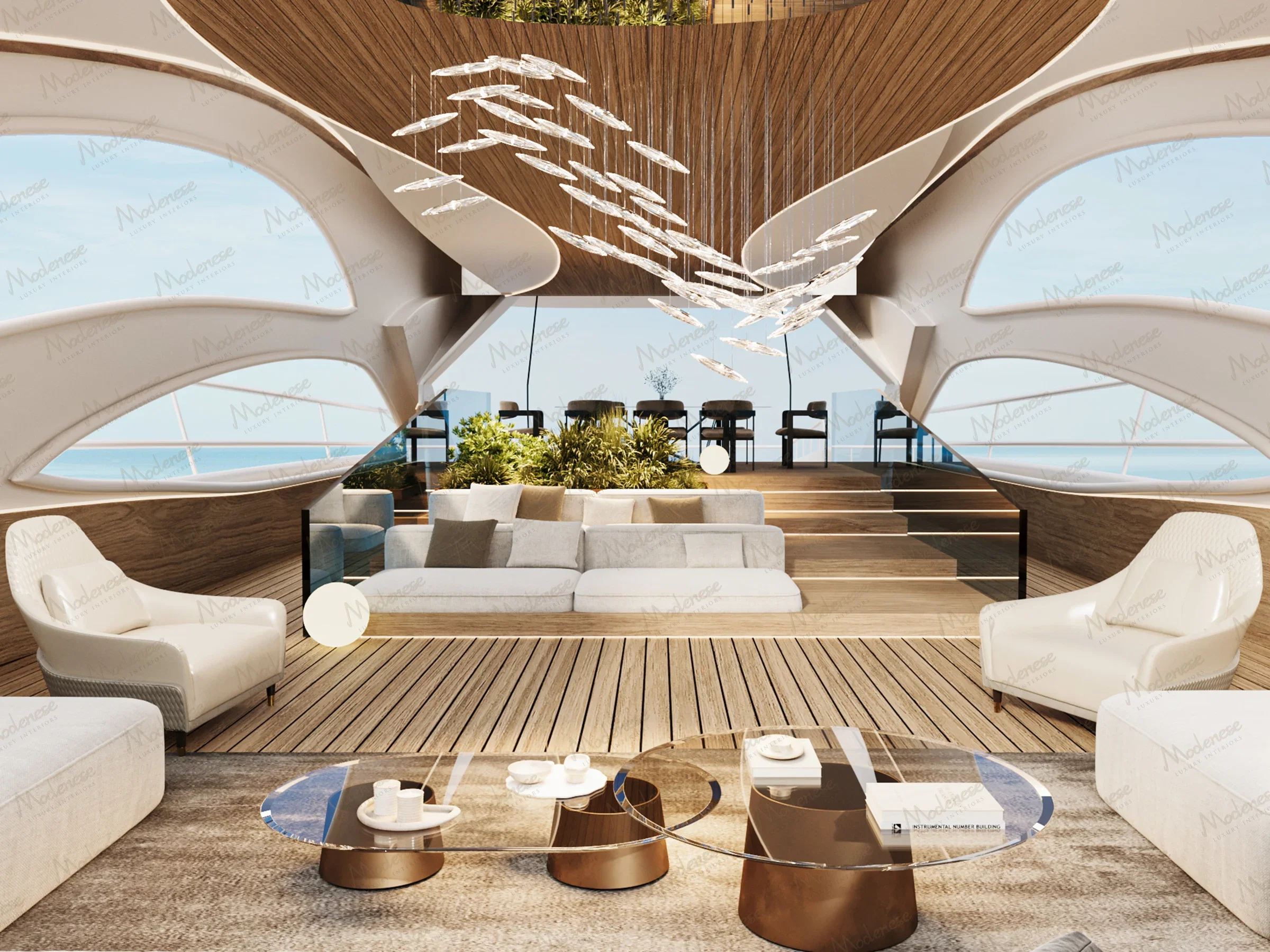 Intérieur de yacht de luxe futuriste avec plafond sculptural, vues panoramiques sur l'océan, sièges incurvés et une table basse en verre moderne sur un pont en bois