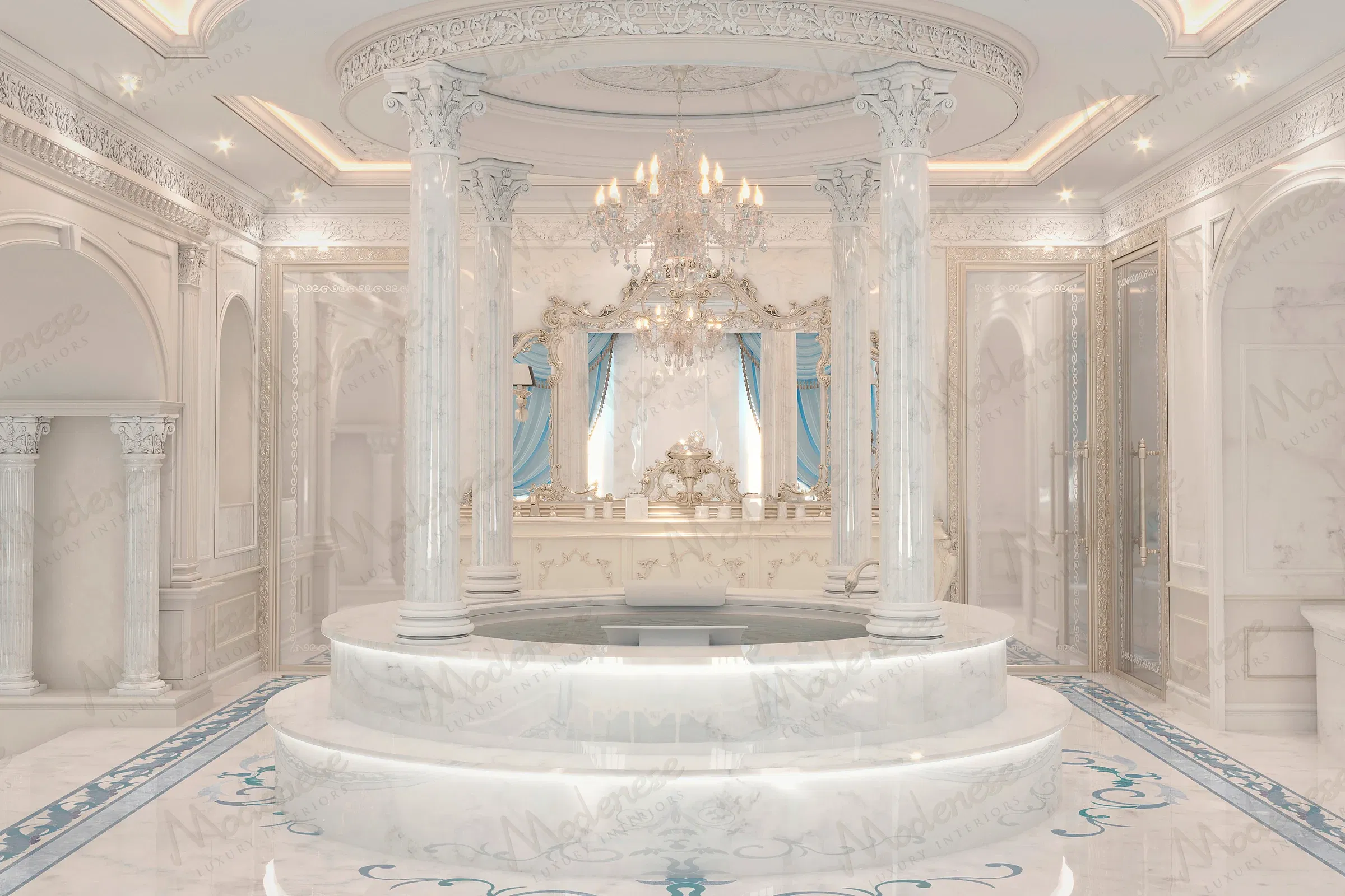 贝鲁特别墅优雅的主套房，配有古典柱、绗缝床、大理石平台浴缸和雕刻天花板下的金色调家具