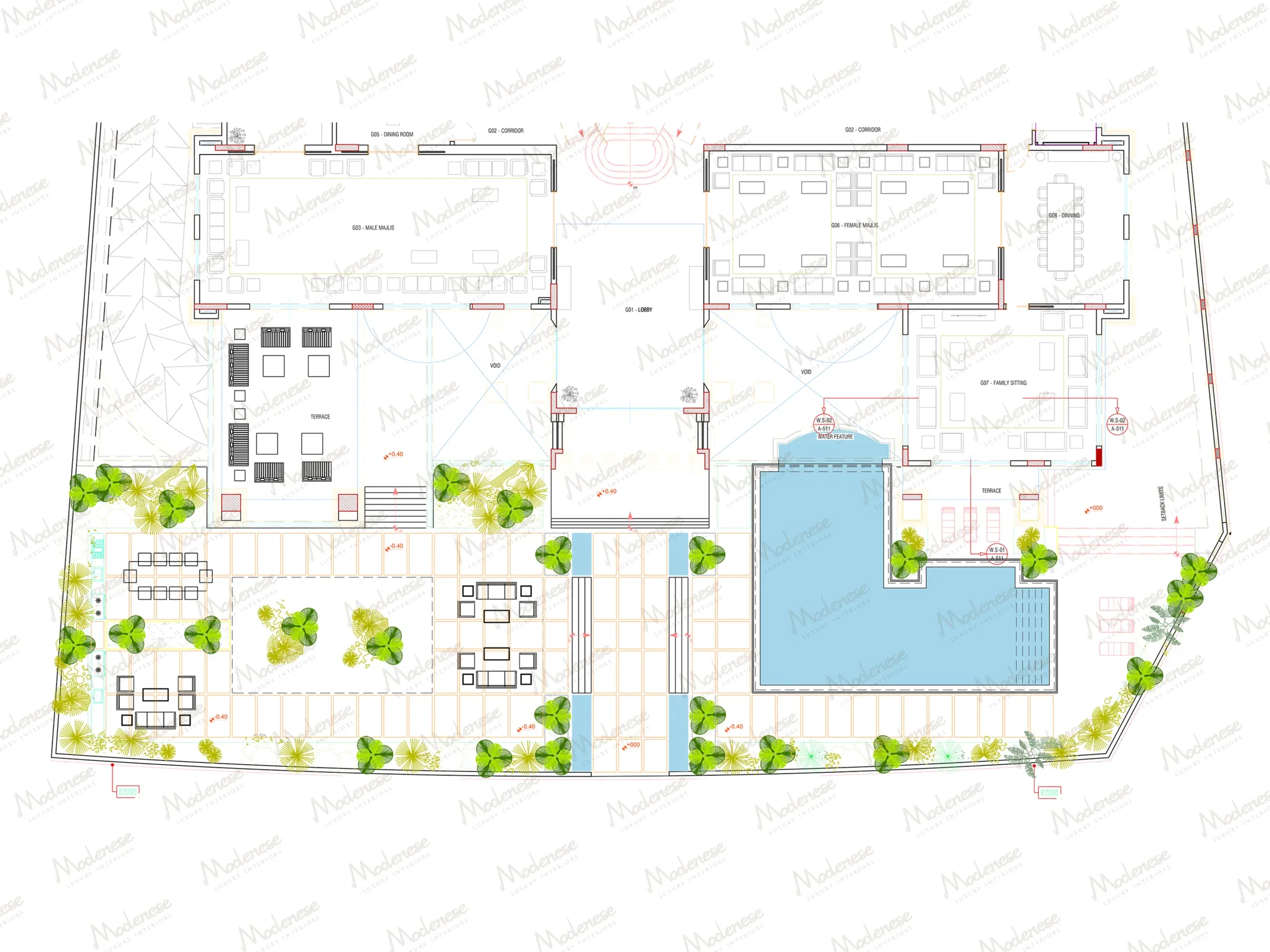 Color-coded site plan of a Milan luxury residence showing outdoor dining areas, landscaping, pool design, and internal room arrangements