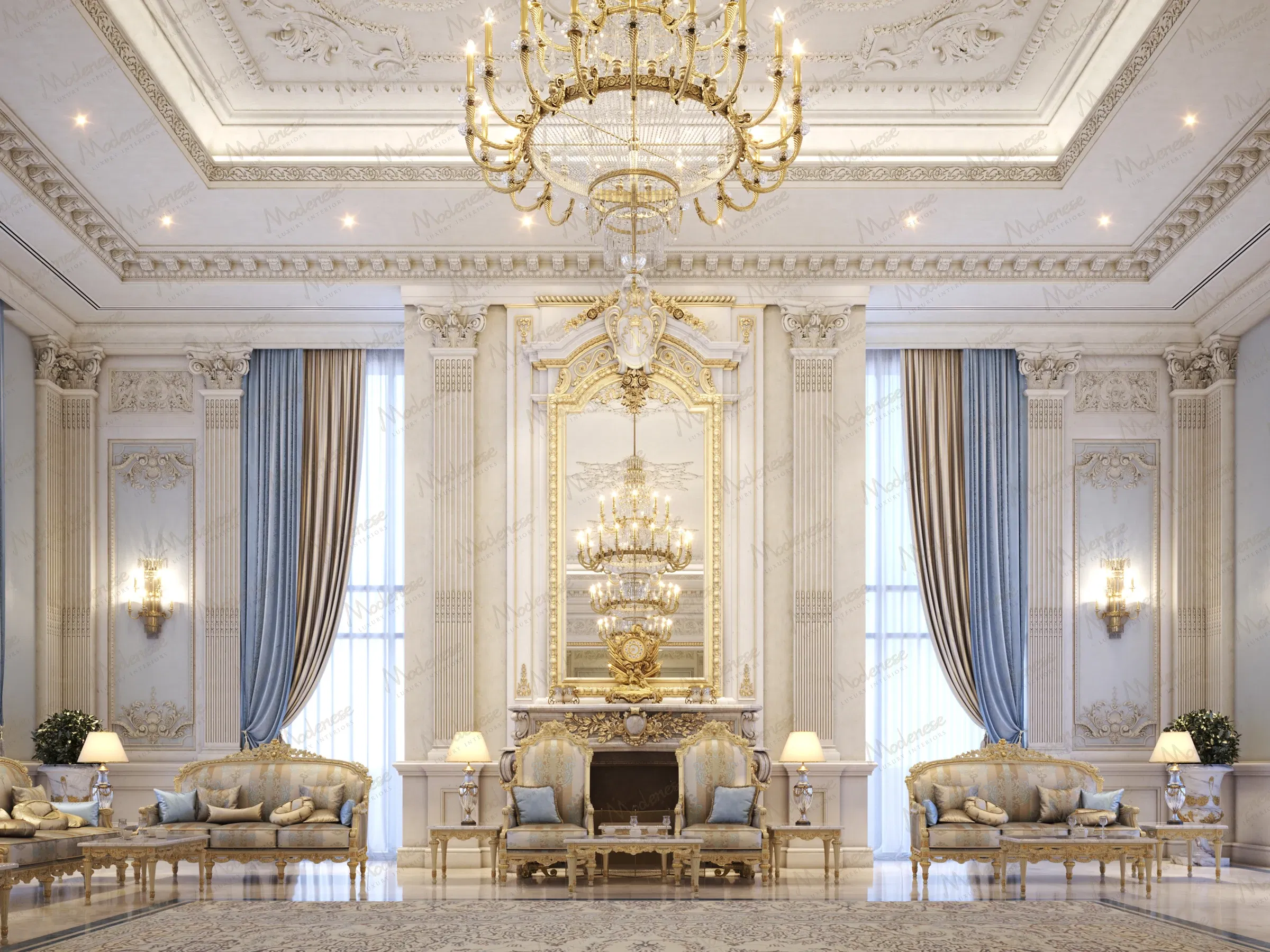 迪拜别墅的豪华客厅，配有装饰华丽的金边家具、带有复杂模具的高天花板和被高大的蓝色窗帘环绕的宏伟吊灯