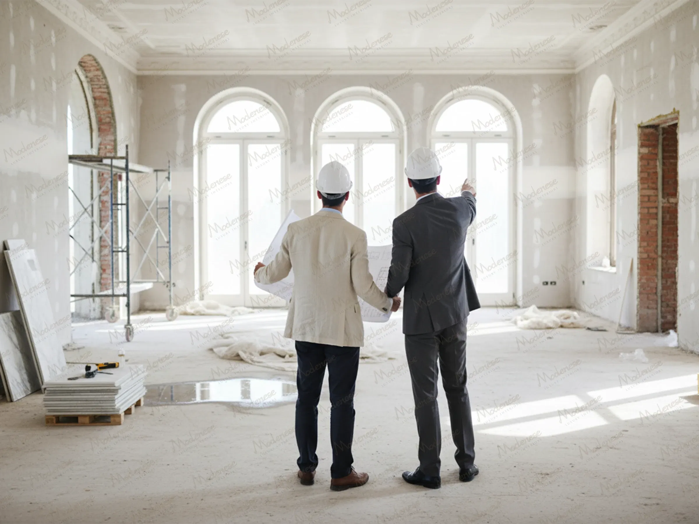Two project managers in hard hats inspecting an unfinished neoclassical interior in Milan with arched windows and exposed brick