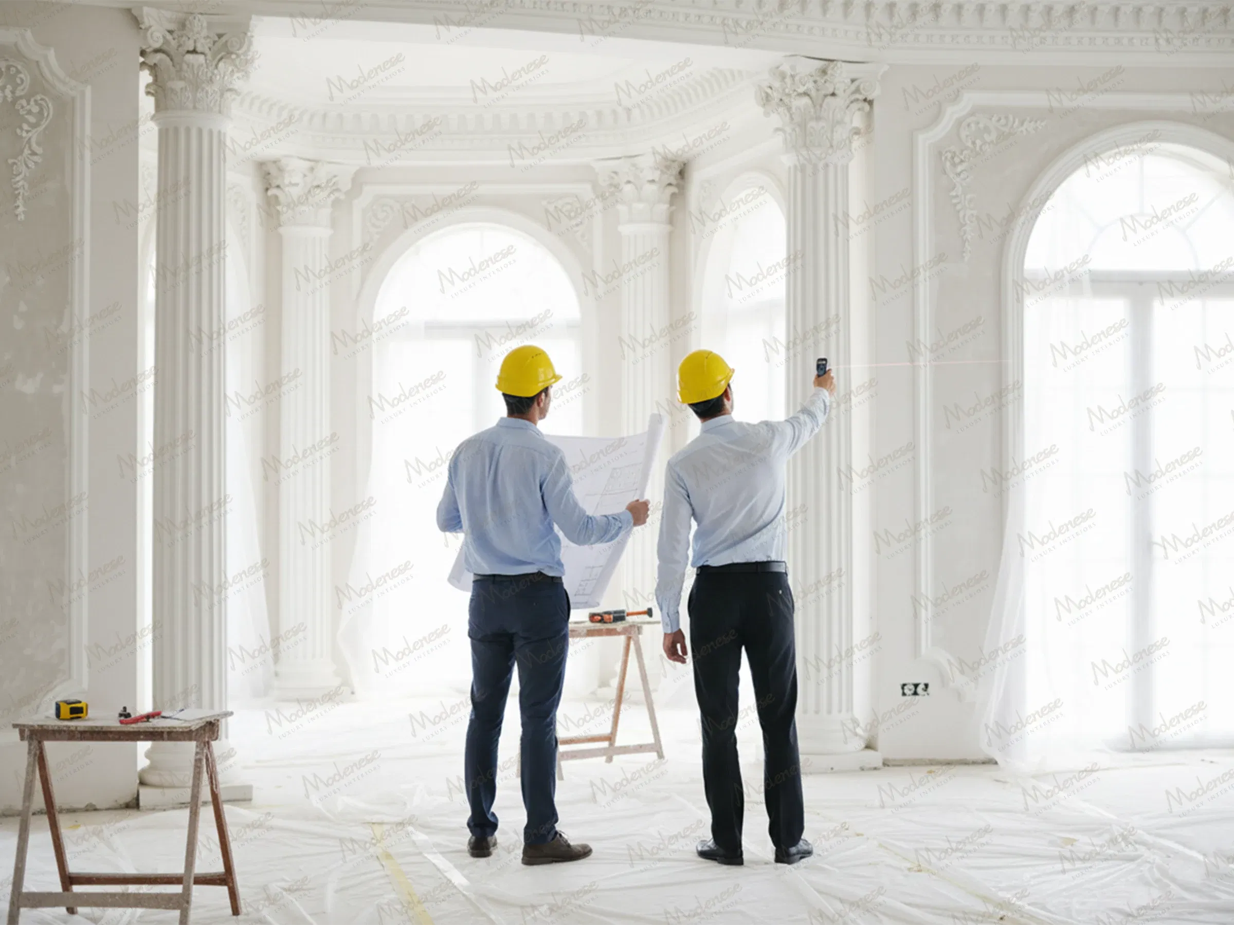 Engineers in yellow helmets assessing progress in a Milan renovation site with ornate wall mouldings and Corinthian columns