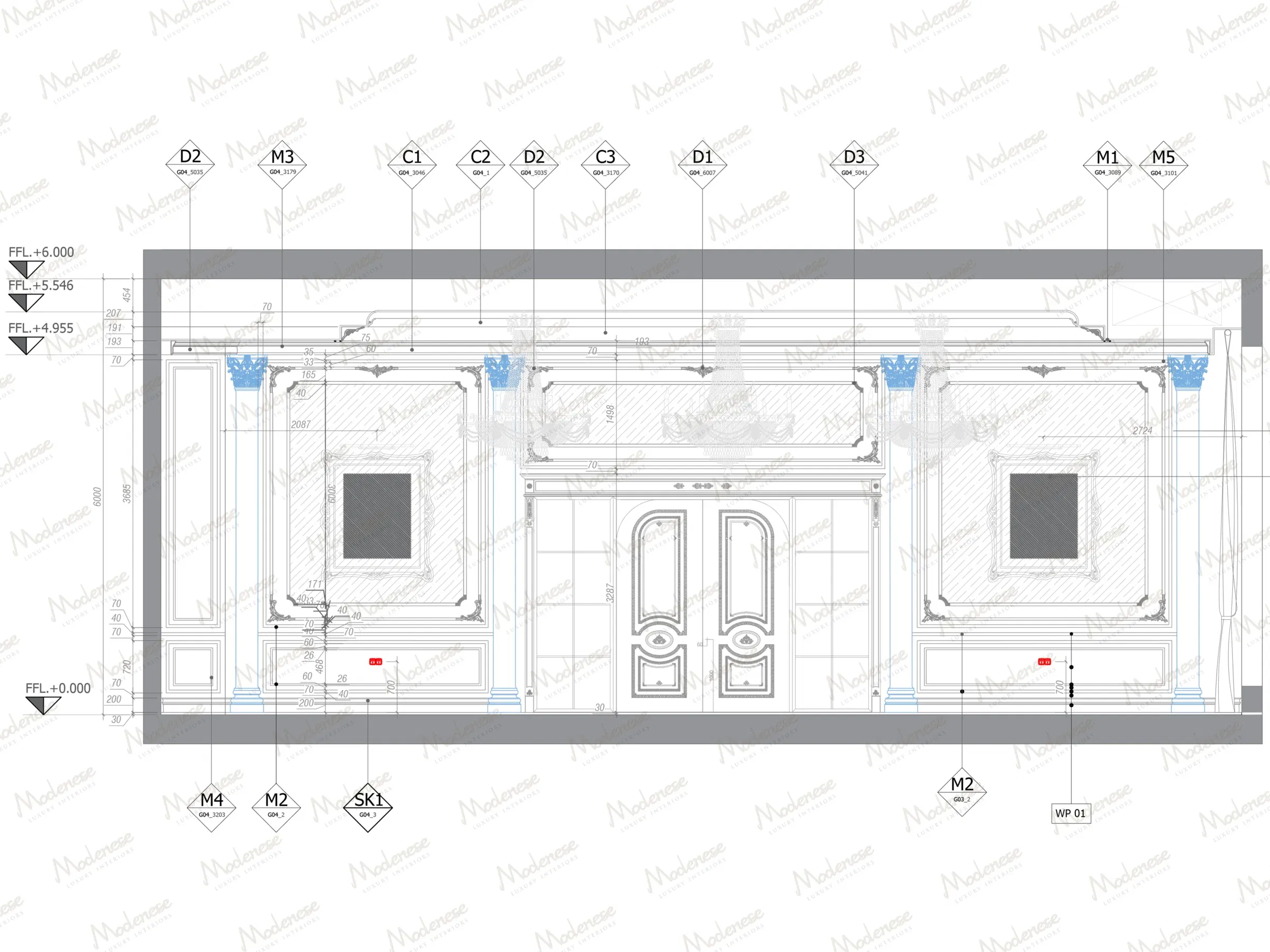 Detailed interior elevation drawing for a Milan classical room featuring decorative wall panels, moldings, and column placements